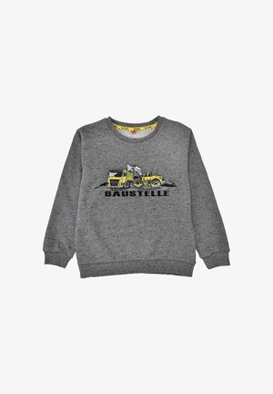 Grauer sweatshirt aus Baumwolle, mit einem Grafik eines Baufahrzeugs in Gelb und Schwarz, darunter der Text "BAUSTELLE".