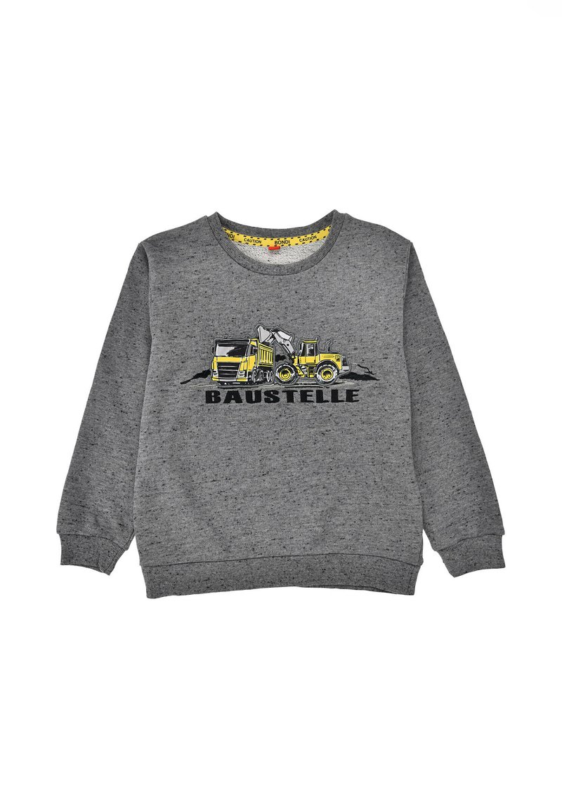 Gray sweatshirt made of cotton, featuring a construction vehicle graphic in yellow and black, with "BAUSTELLE" text below the design.