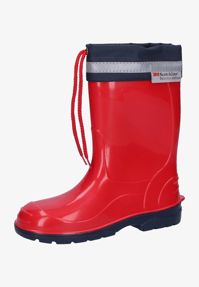 Red rubber rain boot with a glossy finish, navy fabric cuff, and reflective accent. Features a textured sole for grip and adjustable red laces.