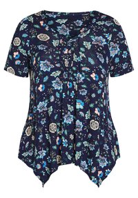 Top floreale blu navy con scollatura rotonda, maniche corte e una vestibilità rilassata con orlo svasato. Il design include fiori e foglie colorati.
