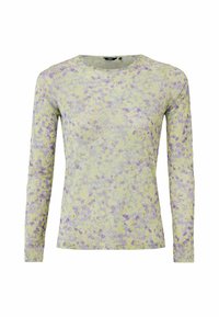 Dlouhý rukáv v světlé zelené barvě s fialovým květinovým vzorem. Tkanina vypadá hladce, má kulatý výstřih a přiléhavý střih.