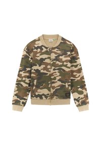Camo zip-up jack in tinten van groen, bruin en beige. Heeft een geribde kraag, manchetten en zoom; twee voorkennis; en logo-detail aan de zoom.