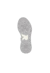 Semelle de chaussure en caoutchouc gris avec un motif de bande de roulement texturé, présentant des formes triangulaires pour une meilleure adhérence. Détail de logo subtil présent.