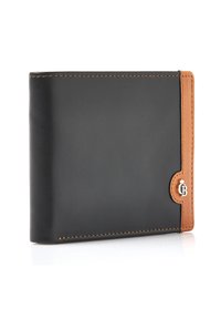 Portafoglio in pelle nera con rifiniture in pelle marrone sul lato destro, cuciture arancioni e un piccolo emblema dorato con il logo CB.