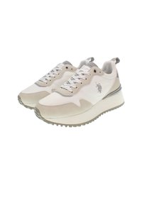 Jasne sneakersy o połączeniu gładkiej i zamszowej faktury. Posiadają białą bazę, szare akcenty oraz gumową podeszwę z bieżnikiem.