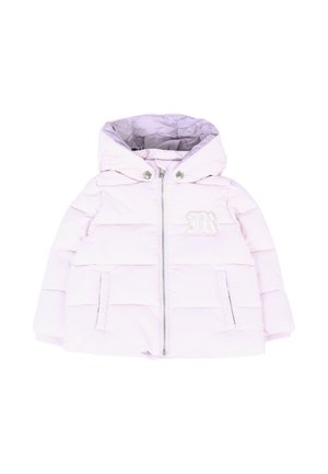 Giacca imbottita leggera per bambini di colore rosa con cappuccio, chiusura frontale con zip, due tasche e un emblema decorativo "R" sul petto.