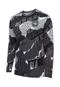 Langsleeve shirt in zwart en wit met verschillende geometrische patronen en tekst. Heeft een ronde hals en een logo op de borst.