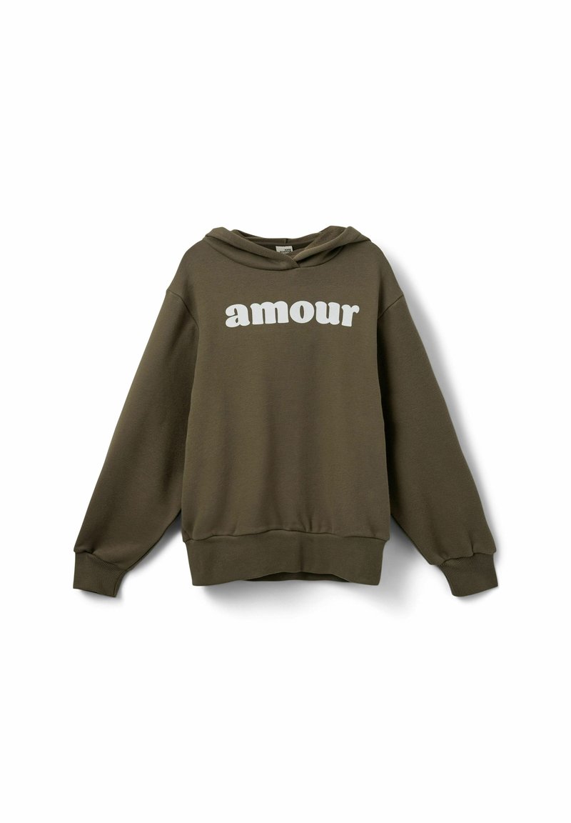 Olívazöld kapucnis pulóver fehér "amour" mintával. Bordás mandzsettákkal és aljjal, laza fit, valamint puha szövet textúrával rendelkezik.