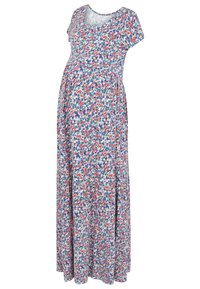 Robe de maternité maxi à manches courtes avec petit imprimé floral rouge, bleu et sarcelle sur fond blanc.