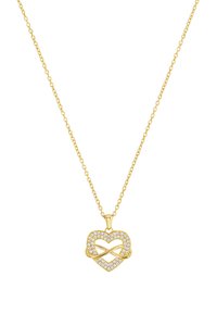 Collana in oro con un pendente a forma di cuore che presenta un simbolo di infinito, decorato con strass trasparenti lungo il bordo. La catena è delicata.
