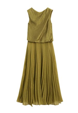 Ärmelloses olivgrünes Kleid mit strukturiertem Oberteil und langem plissiertem Rock, von hinten vor weißem Hintergrund gezeigt.