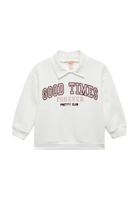 Biała bluz sweatshirtowa z kołnierzykiem, z napisem "GOOD TIMES FOREVER" oraz "PRETTY CLUB" w ciemnoróżowym i jasnoróżowym kolorze, ułożonymi w łuk.