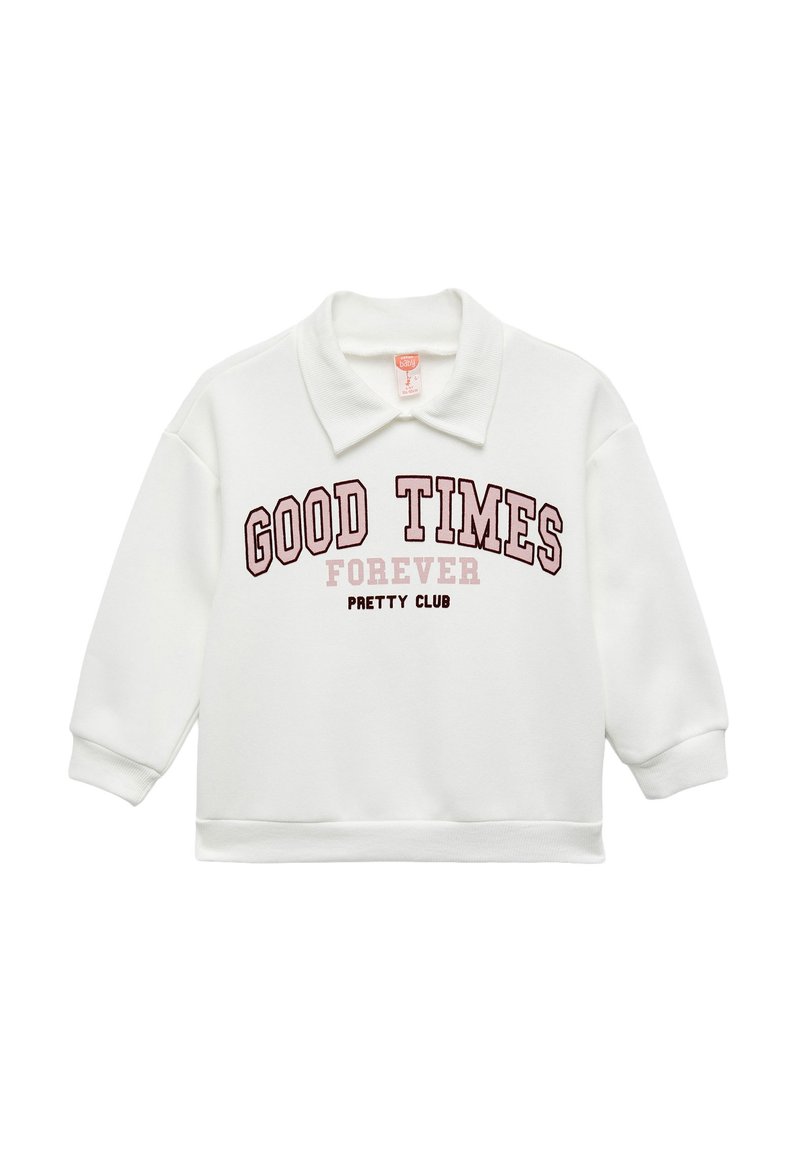 Biała bluz sweatshirtowa z kołnierzykiem, z napisem "GOOD TIMES FOREVER" oraz "PRETTY CLUB" w ciemnoróżowym i jasnoróżowym kolorze, ułożonymi w łuk.