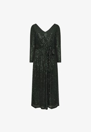 Groene paillettenjurk met een V-hals, driekwart mouwen, een ceintuur rondom de taille en een vloeiende rok. Glanzende textuur over de hele jurk.
