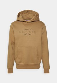 Brown hoodie made of cotton blend, featuring a front pocket, drawstring hood, and printed logo design in black. Ribbed cuffs and hem.