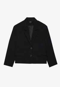 Zwarte cropped blazer met getailleerde revers, twee voorkruiden en zwarte knopen. Gemaakt van een soepele stof met een minimalistisch ontwerp.