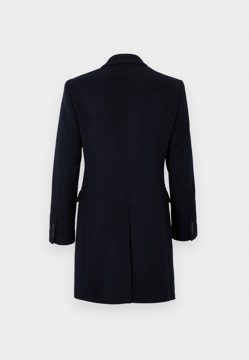 Navy wool coat with a tailored fit, a notched collar, long sleeves, and side pockets. Features a vent at the back and buttoned cuffs.