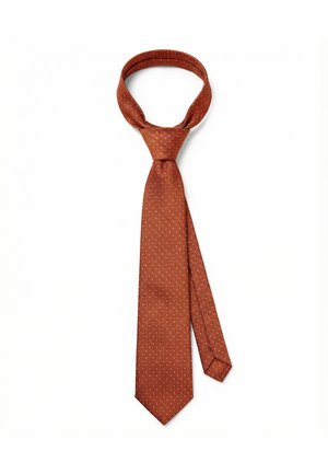 Silkebind med rustfarve og små hvide prikker, bundet i en Windsor-knude, vist mod en hvid baggrund.