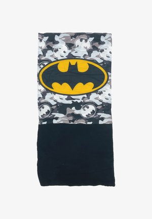 Batman-Decke aus Fleece mit einem großen gelben Batman-Logo, grauem Tarnmuster und einem schwarzen unteren Abschnitt.