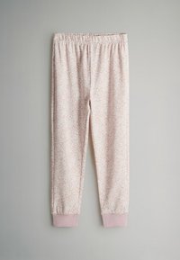 Svetloružové nohavice s bielym kvetinovým vzorom, elastický pás a priliehavé manžety. Mäkkučká tkanina s hladkým povrchom.