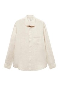 Beżowa koszula z długim rękawem wykonana z lnu. Posiada zapięcie na guziki z przodu, jedną kieszeń na piersi oraz klasyczny kołnierzyk. Miękka tekstura, luźny krój.