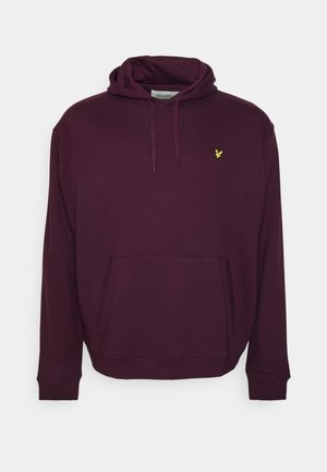 Sweat à capuche violet foncé avec poche ventrale avant et petit logo d'oiseau jaune sur la poitrine gauche.