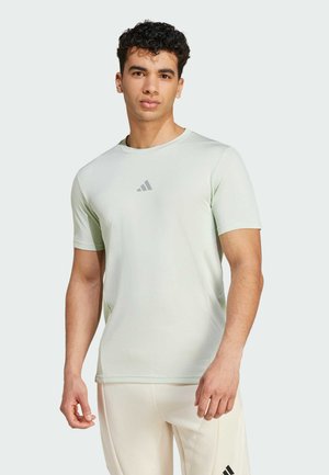 Camiseta deportiva de color verde claro, fabricada con un material transpirable. Presenta mangas cortas y un cuello redondo, con un pequeño logo gris en el pecho.