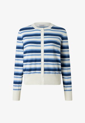 Cardigan boutonné à rayures horizontales blanc, bleu clair et bleu marine, avec poignets et ourlet côtelés.