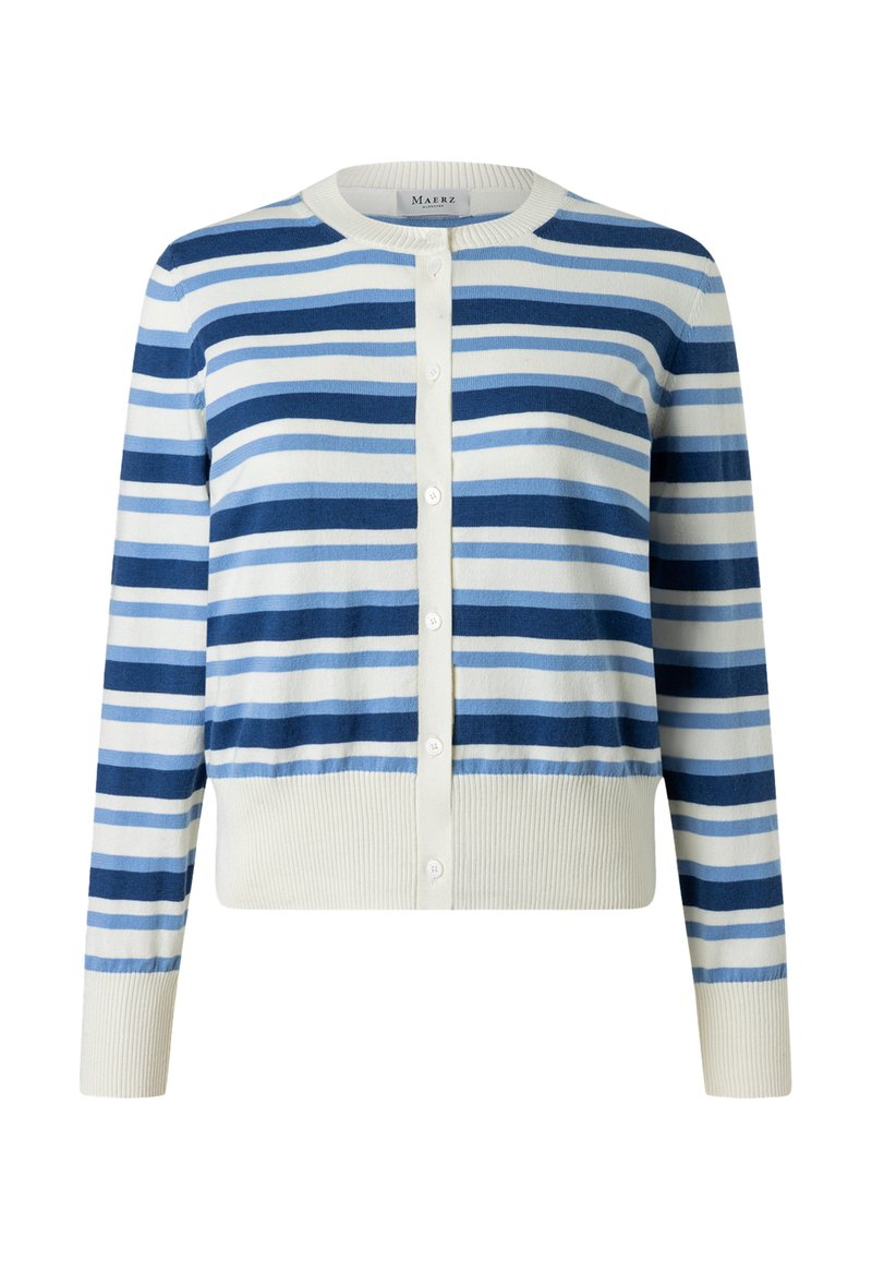 Cardigan boutonné à rayures horizontales blanc, bleu clair et bleu marine, avec poignets et ourlet côtelés.