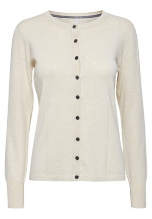 Hele beež kardigan pehmest kangast, ümmarguse kaelusega, esise nööpidega kinnitusega, mustade nuppudega ja pikkade varrukatega.