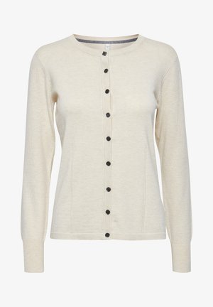 Cardigan bej deschis, realizat dintr-un material moale, având un gât rotund, închidere frontală cu nasturi negri și mâneci lungi.