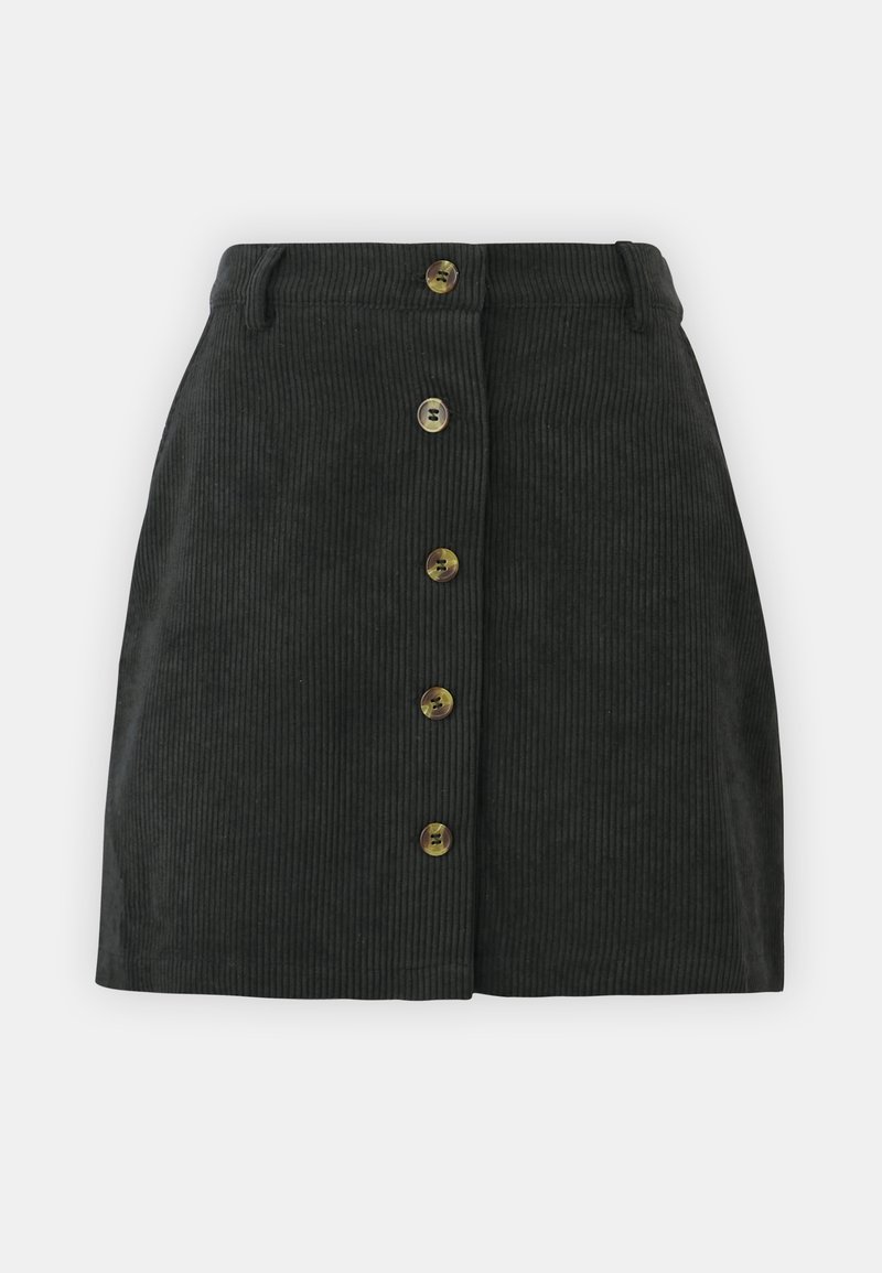 Donkergroene corduroy rok met een rechte snit, knopen aan de voorkant en een gestructureerd oppervlak met verticale strepen.
