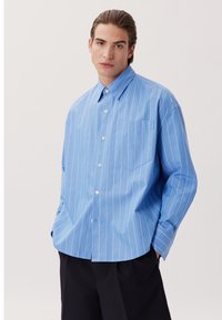 Camicia azzurra chiara con righe verticali bianche, dotata di taschino sul petto, colletto classico e maniche lunghe. Tessuto di cotone morbido.