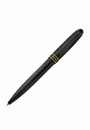 Black textured ballpoint pen with gold band engraved "Festina" and clip on cap, isolated on white background.