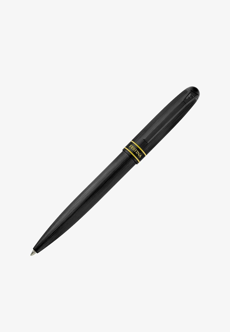 Stylo-bille noir texturé avec bande dorée gravée "Festina" et clip sur le capuchon, isolé sur fond blanc.