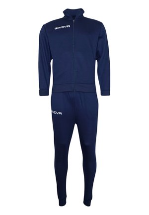 Námornícky modrý teplákový komplet vyrobený z mäkkej tkaniny, s bundou na zips a vysokým golierom, a slim-fit nohavicami. Logo "GIVOVA" v bielej farbe na oboch kusoch.
