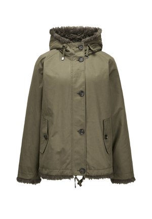 Grüne Kapuzenjacke mit Knopfverschluss, Kordelzug in der Taille und Kapuze, Klapptaschen und sichtbarem dunklem Fellbesatz an Kragen, Bündchen und Saum.