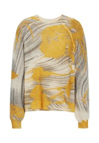 Gebreid sweater met een crèmekleurige basis en abstracte gele en grijze patronen, ronde hals en geribde mouwen. Zachte textuur en een relaxte pasvorm.