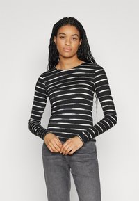 Long-sleeve top featuring black and white horizontal stripes, ribbed texture, round neckline, and fitted silhouette. Paired with gray jeans.