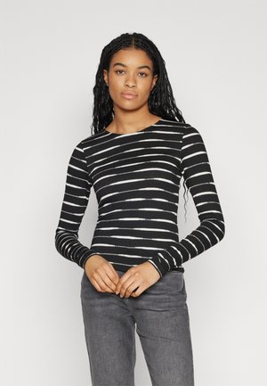 Long-sleeve top featuring black and white horizontal stripes, ribbed texture, round neckline, and fitted silhouette. Paired with gray jeans.
