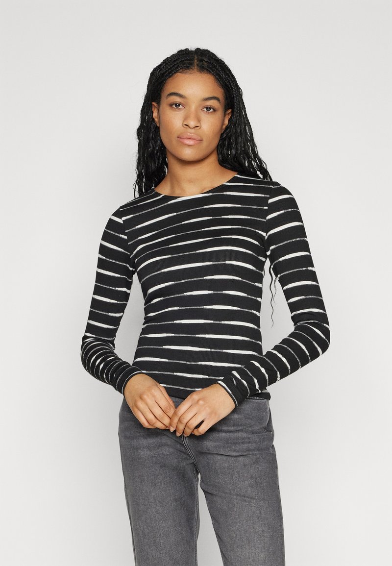 Long-sleeve top featuring black and white horizontal stripes, ribbed texture, round neckline, and fitted silhouette. Paired with gray jeans.