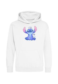 Sudadera blanca con un personaje de dibujos animados en azul y rosa, con grandes orejas y una pequeña flor. Con bolsillo frontal y capucha con cordón.