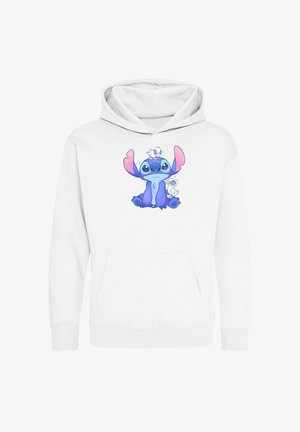 Weißer Hoodie mit einem blauen und rosa Cartoon-Charakter mit großen Ohren und einer kleinen Blume. Fronttasche und Kapuze mit Zugband.