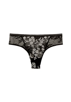 Perizoma nero in pizzo con ricami floreali bianchi, caratterizzato da motivi intricati e una vita a scallop. Texture morbida e design trasparente.