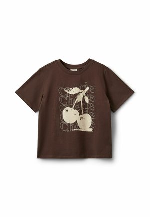 Mørkebrune kortærmet t-shirt med en stor grafik af to kirsebær og gentaget lys tekst med teksten "Cherie" på fronten.