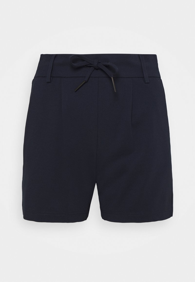 Short bleu marine ajusté à taille haute, passants de ceinture, cordon à nouer devant et plis subtils à l'avant, présenté sur fond uni.