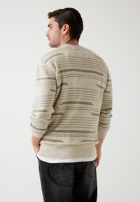 Jasno-beżowy sweter w poziome zielone paski, z prążkowanymi mankietami i dołem. Model skierowany lekko bokiem, aby pokazać tylny wzór. Nosi go na białej koszuli.