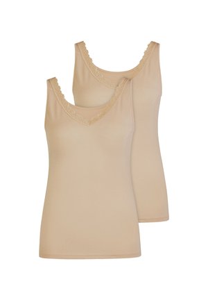 Two beige sleeveless camisoles with lace trim around scoop necklines, shown one slightly behind the other on a white background.