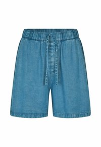 Svetlo modri jeans kratke hlače z elastičnim pasom, z vrvico za zapiranje in stranskimi žepi. Tkanina ima gladko, rahlo zbledelo teksturo.