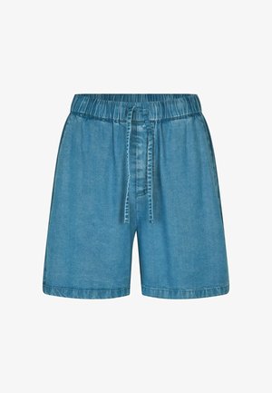 Lichtblauwe denim shorts met een elastische tailleband, een trekkoordsluiting en zijzakken. De stof heeft een gladde, licht vervaagde textuur.